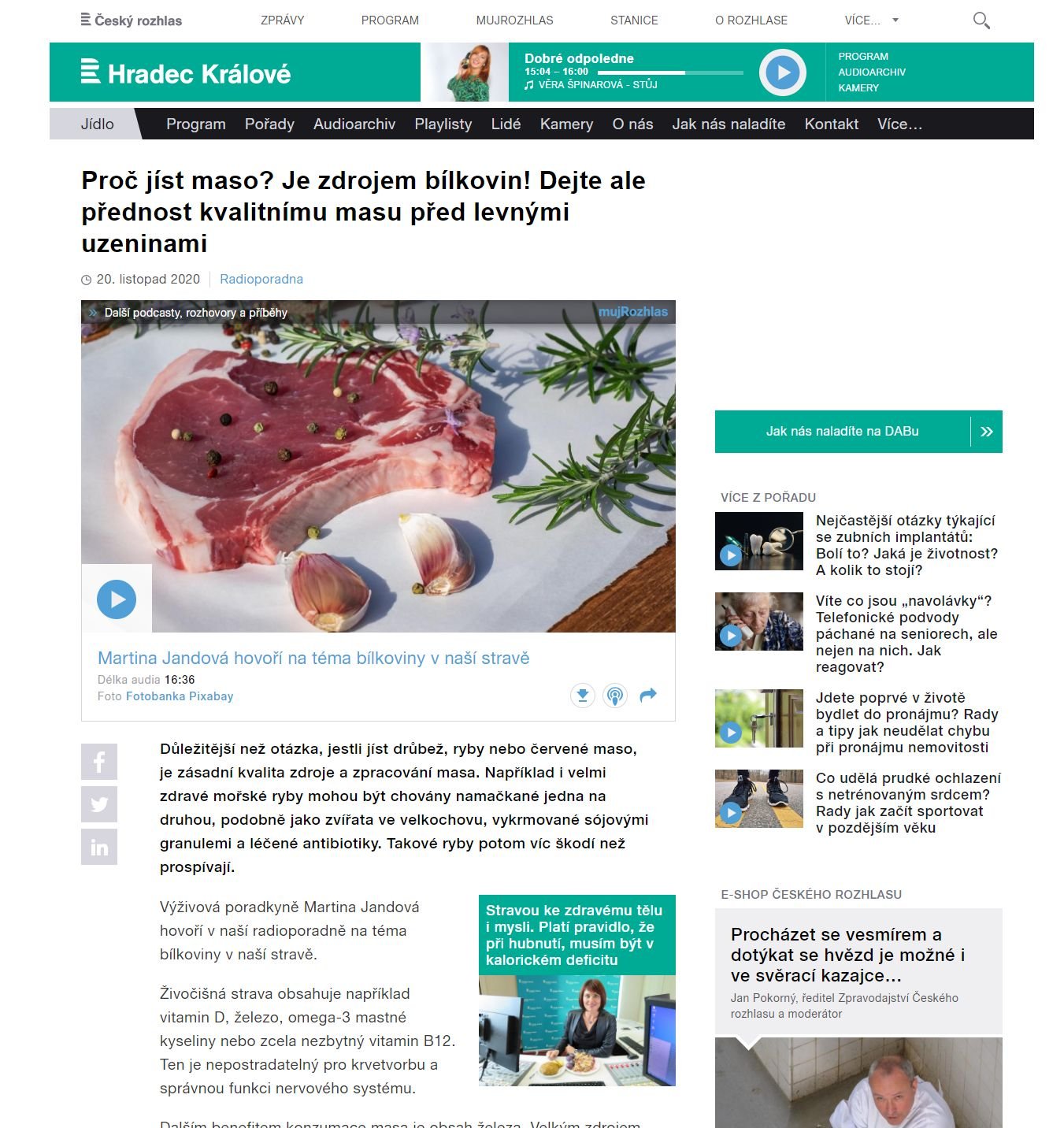 Rozhovor v Českém rozhlase HK - Proč jíst maso? Bílkoviny v naší stravě